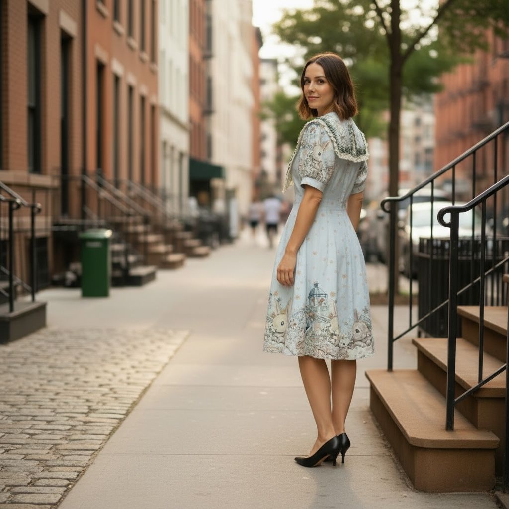 Vintage Bunny Print Pastel Dress with Lace Collar