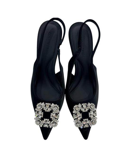 Black Slingback Heels with Rhinestone Buckle