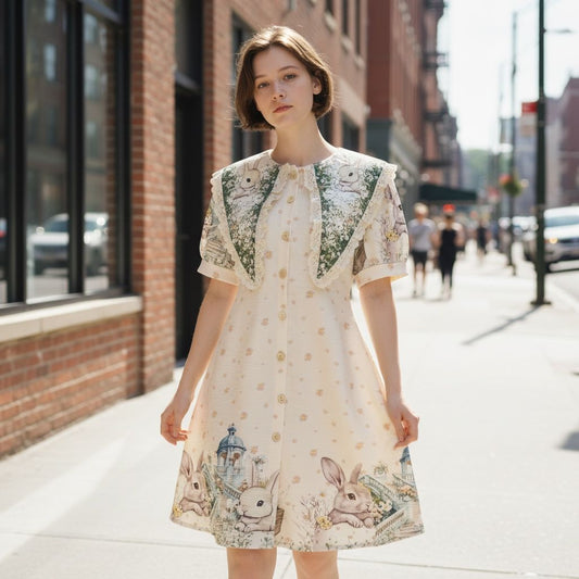 Vintage Garden Bunny Print Dress