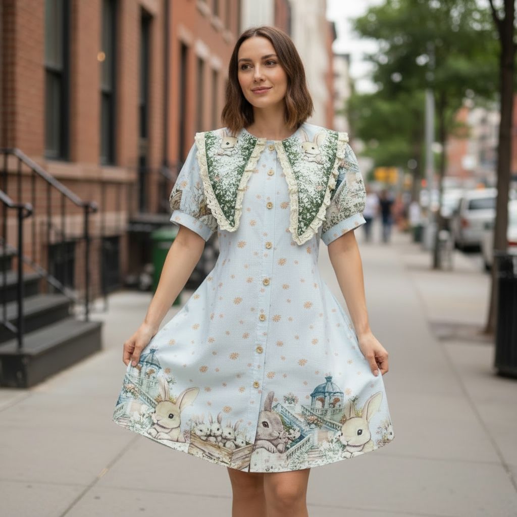 Vintage Bunny Print Pastel Dress with Lace Collar
