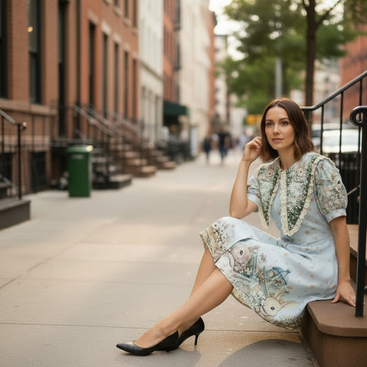 Vintage Bunny Print Pastel Dress with Lace Collar